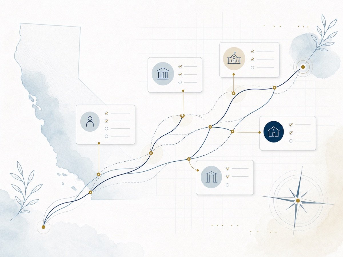 Abstract California pathway map with advising checkpoints and planning routes.